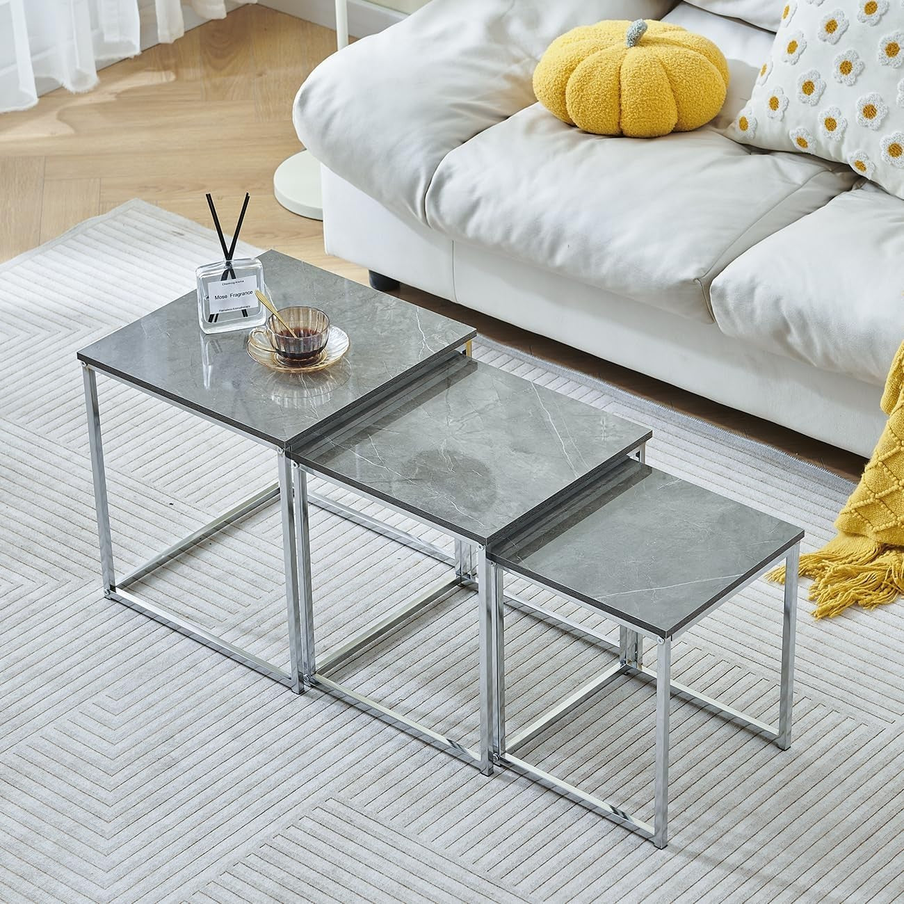 Space Saving Nesting Coffee Tables Set of 3 Grey Marble End Side Stand