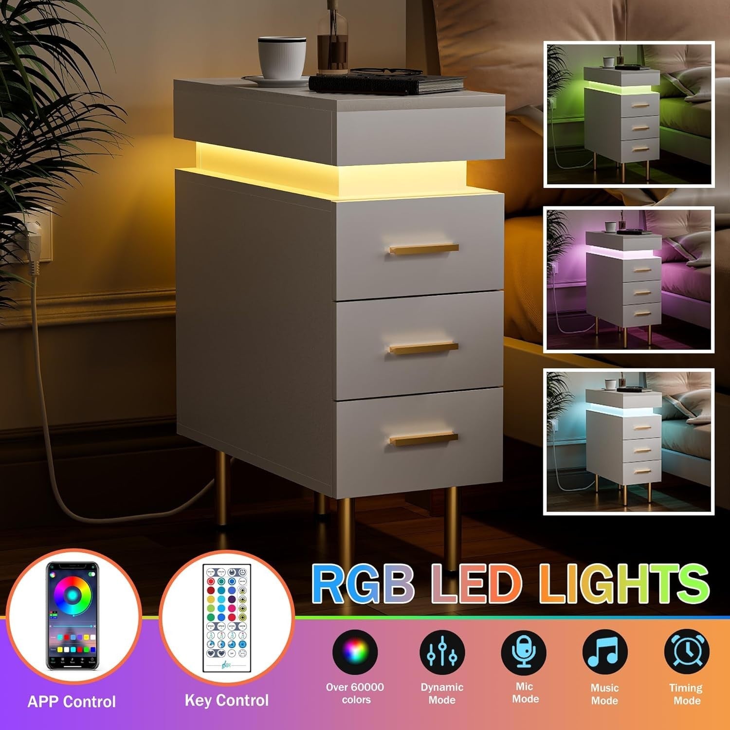 Modern LED Bedside Table with USB Charging, 3 Drawers+Hidden Storage, Gold Legs
