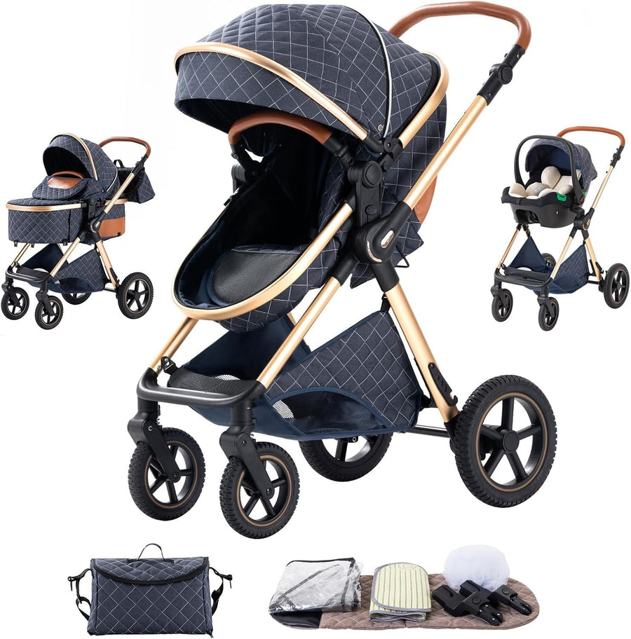 3-in-1 Baby Pram Pushchair Foldable Aluminium Stroller Travel System Blue