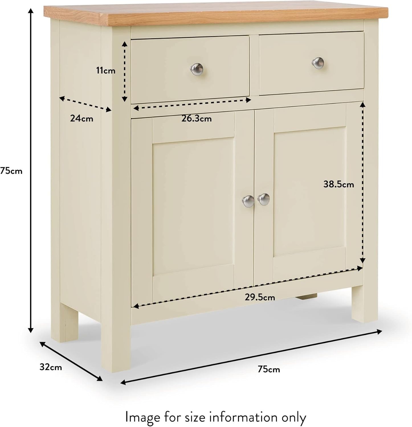 Cream Wood Sideboard Cabinet 2 Door 2 Drawer Oak Top Hall Storage Unit