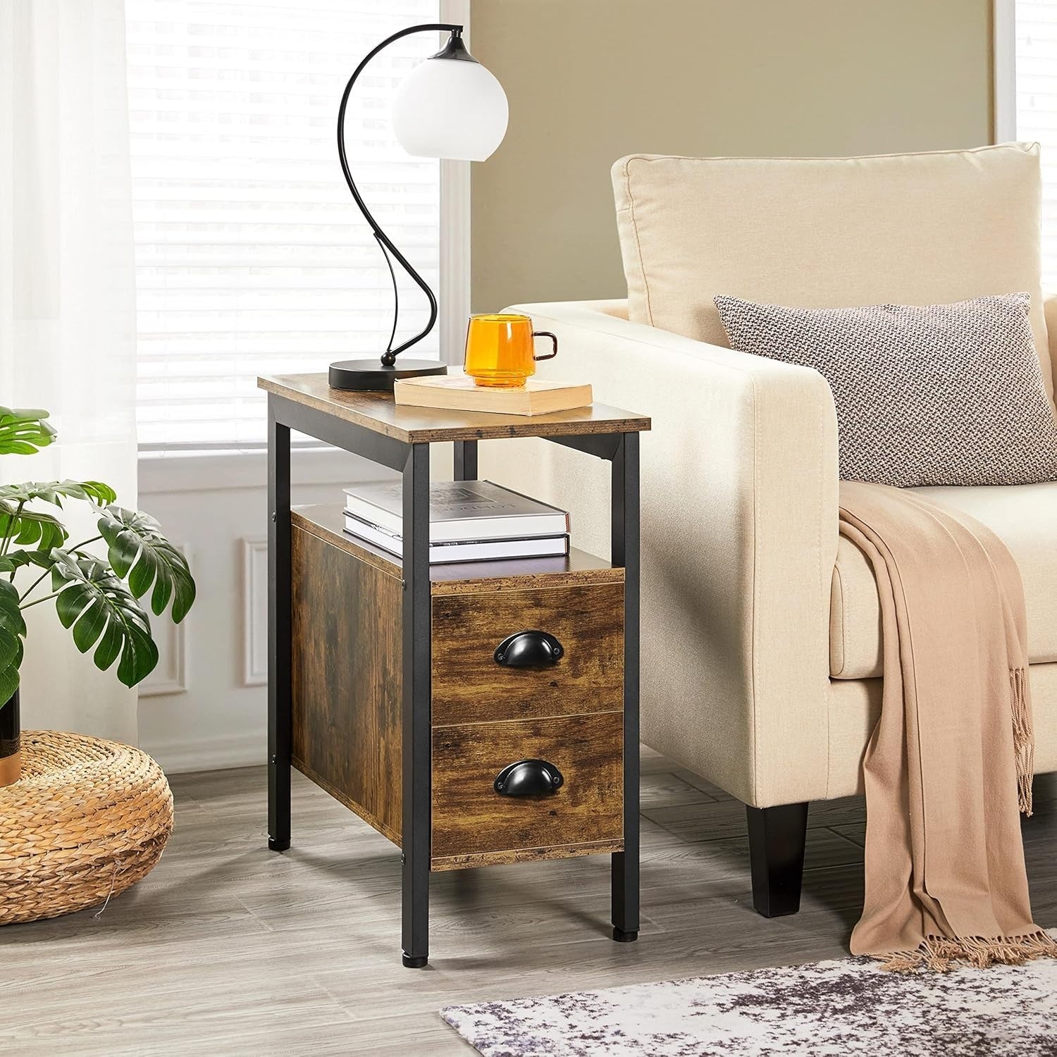 Slim Bedside Table with Drawers & Shelf for Small Spaces – Rustic Storage