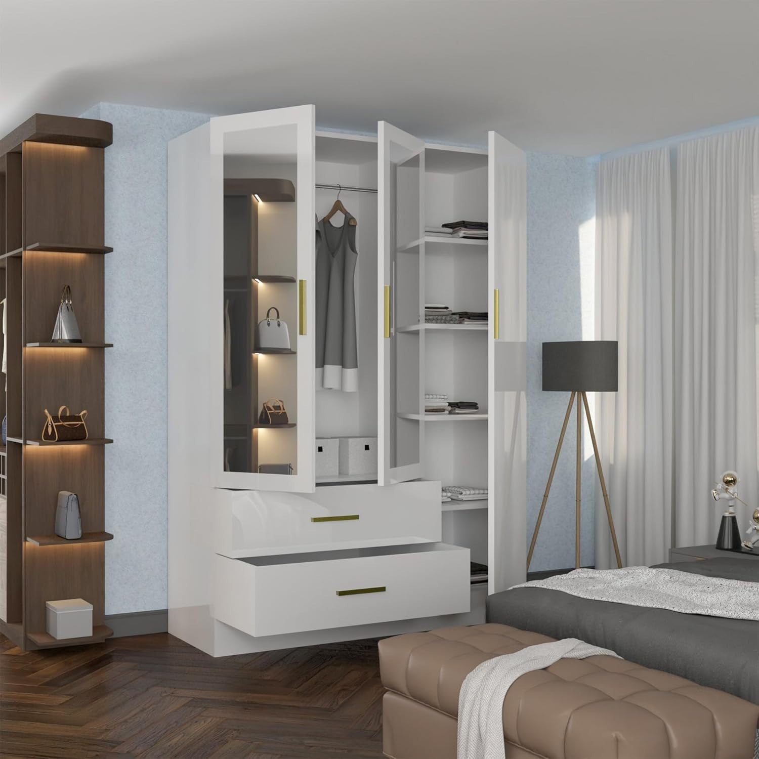 116cm High Gloss Mirrored Wardrobe with Shelves, Drawers & Hanging Rail