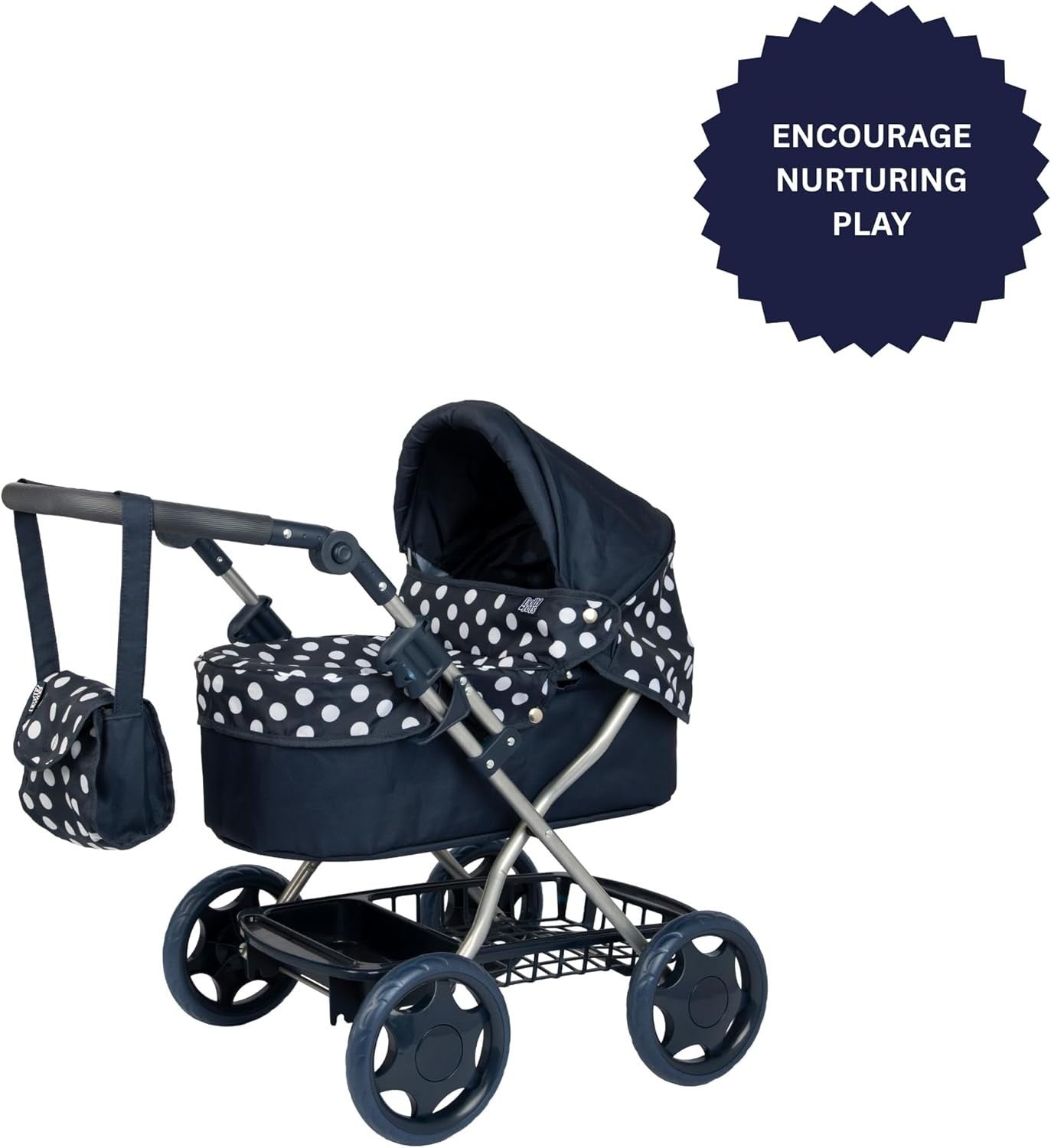 Cherish Dolls Pram Navy & White Foldable Stroller Adjustable Handle 3+