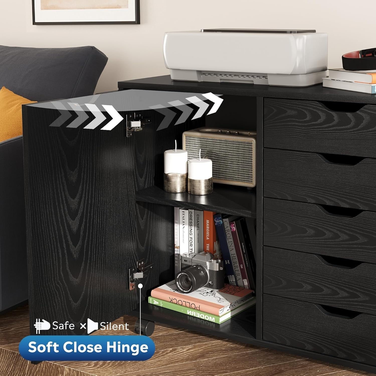 Black Rolling File Cabinet 5 Drawer Office Storage 78x40x65cm