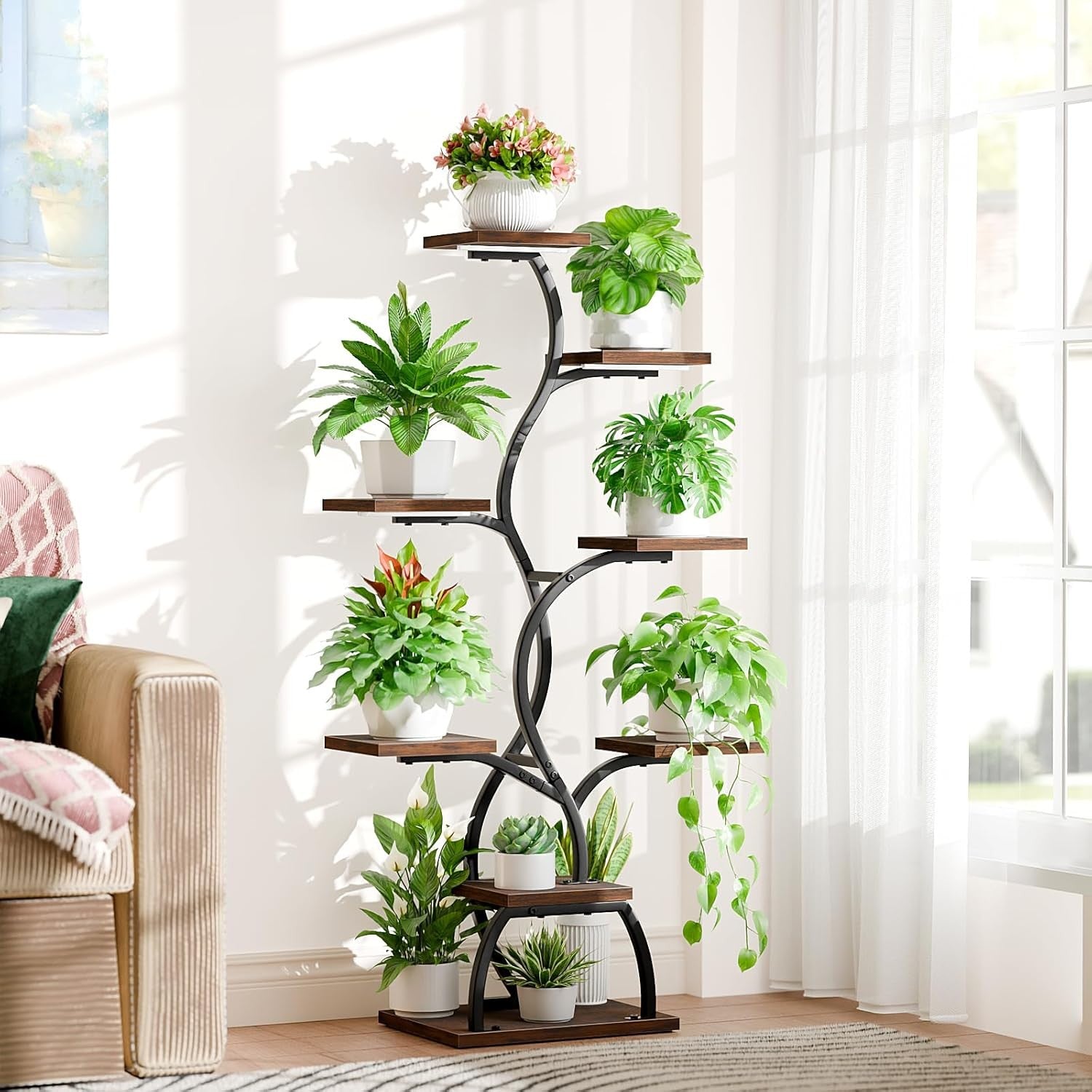 8 Tier Metal Plant Stand with Grow Lights, Tall Indoor Flower Shelf for Living