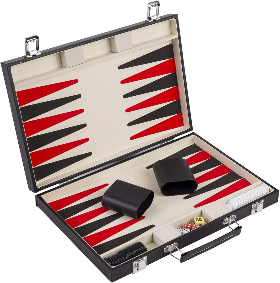 Wooden Backgammon Set 15in Leatherette Case Travel Board Game with Dice Cups