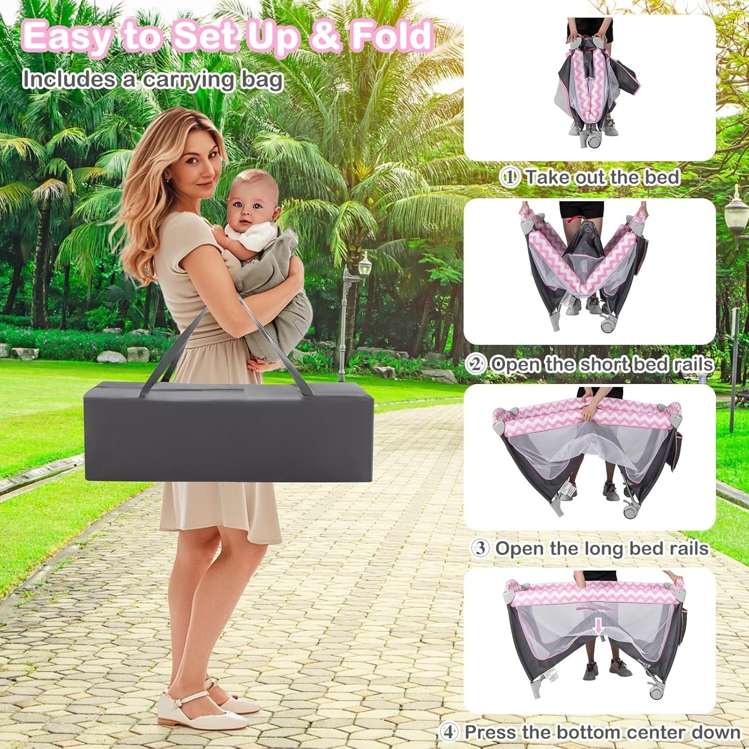 4in1 Travel Cot Baby Bedside Foldable Crib Bassinet Portable Playard Pink