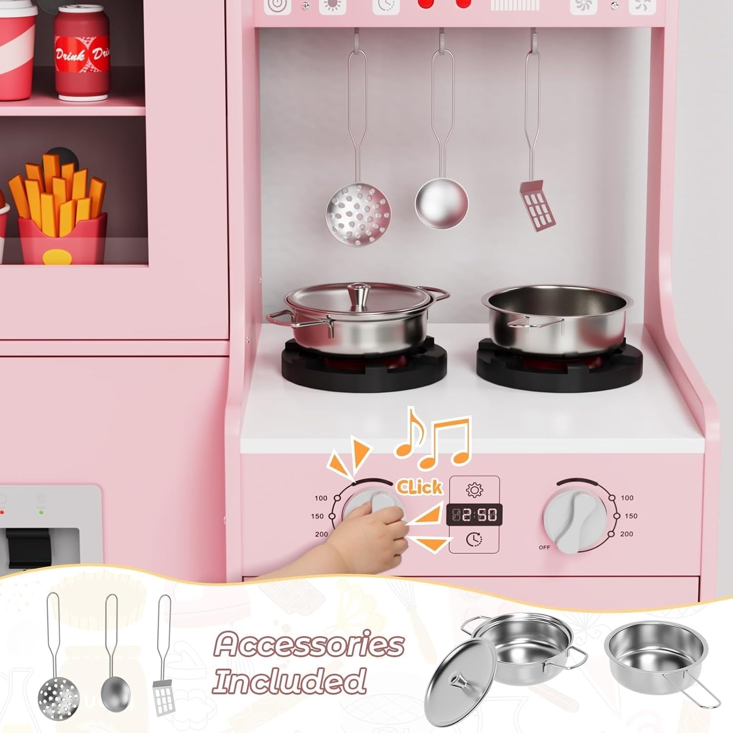 Large Wooden Kids Play Kitchen Pink Lights Sounds Toy Cooking Set
