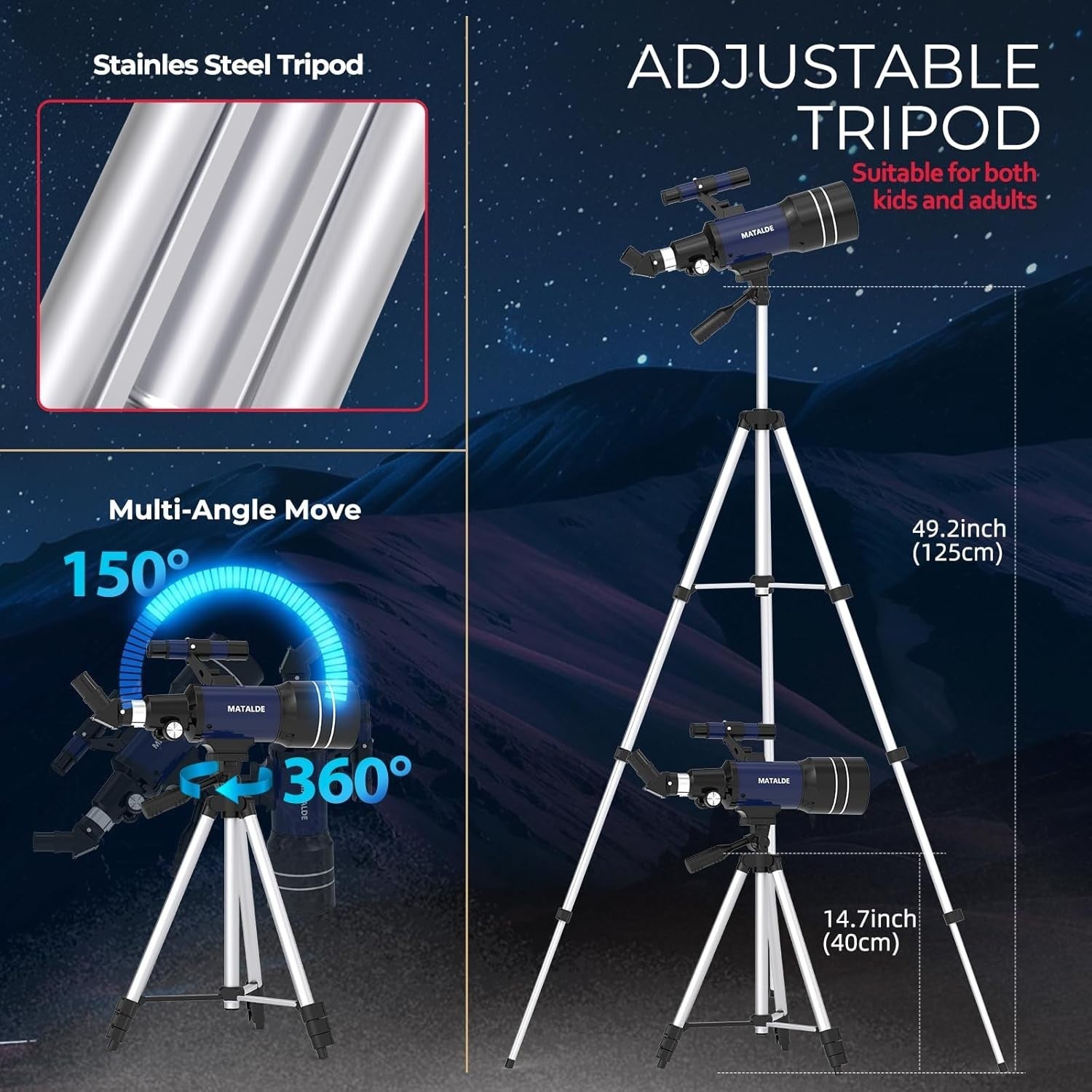 Beginner Telescope 70mm Refractor Astronomy Kit 15X-150X Dark Blue Tripod
