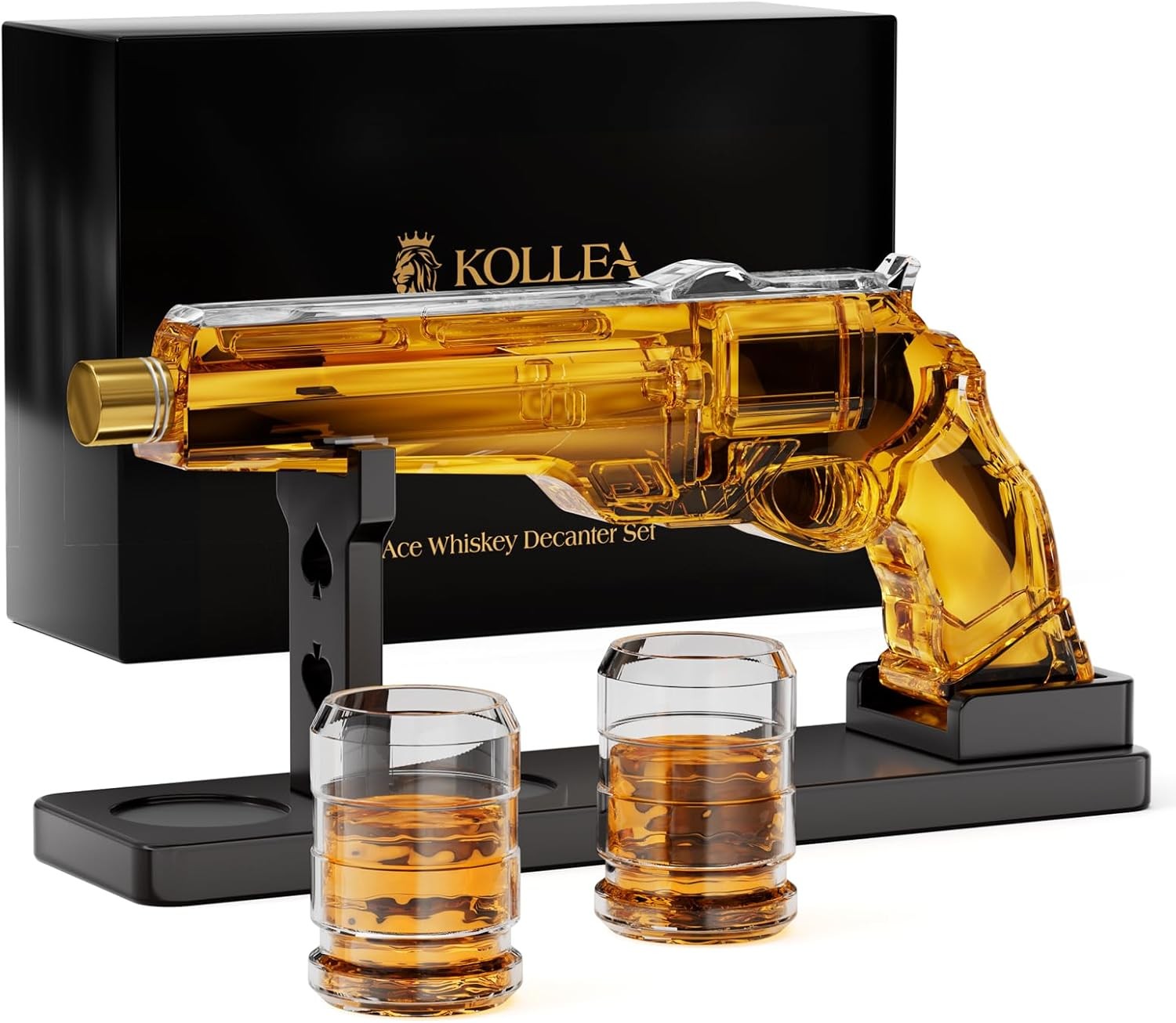 Gold Gun Whiskey Decanter Set with 2 Glasses Display Stand Unique Bar Gift