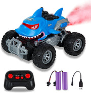 RC Monster Truck for Kids 4-12, Shark-Themed Car w/ Spray & LED Lights