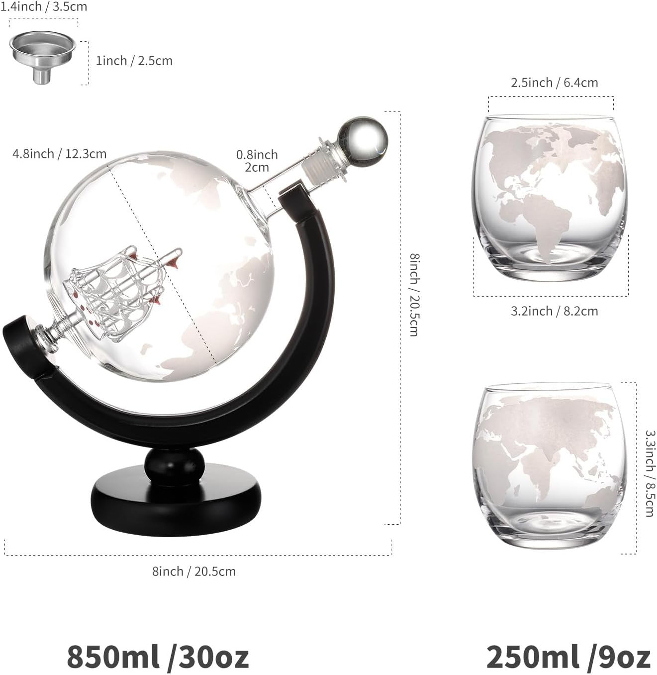 Whiskey Globe Decanter Set 850ml with Stand, 2 Glasses & Keychain Opener