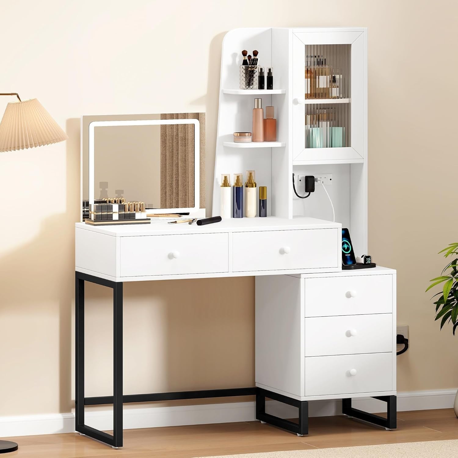 Makeup Vanity Table Mirror LED Lights Storage Drawers Modern White Dressing Desk