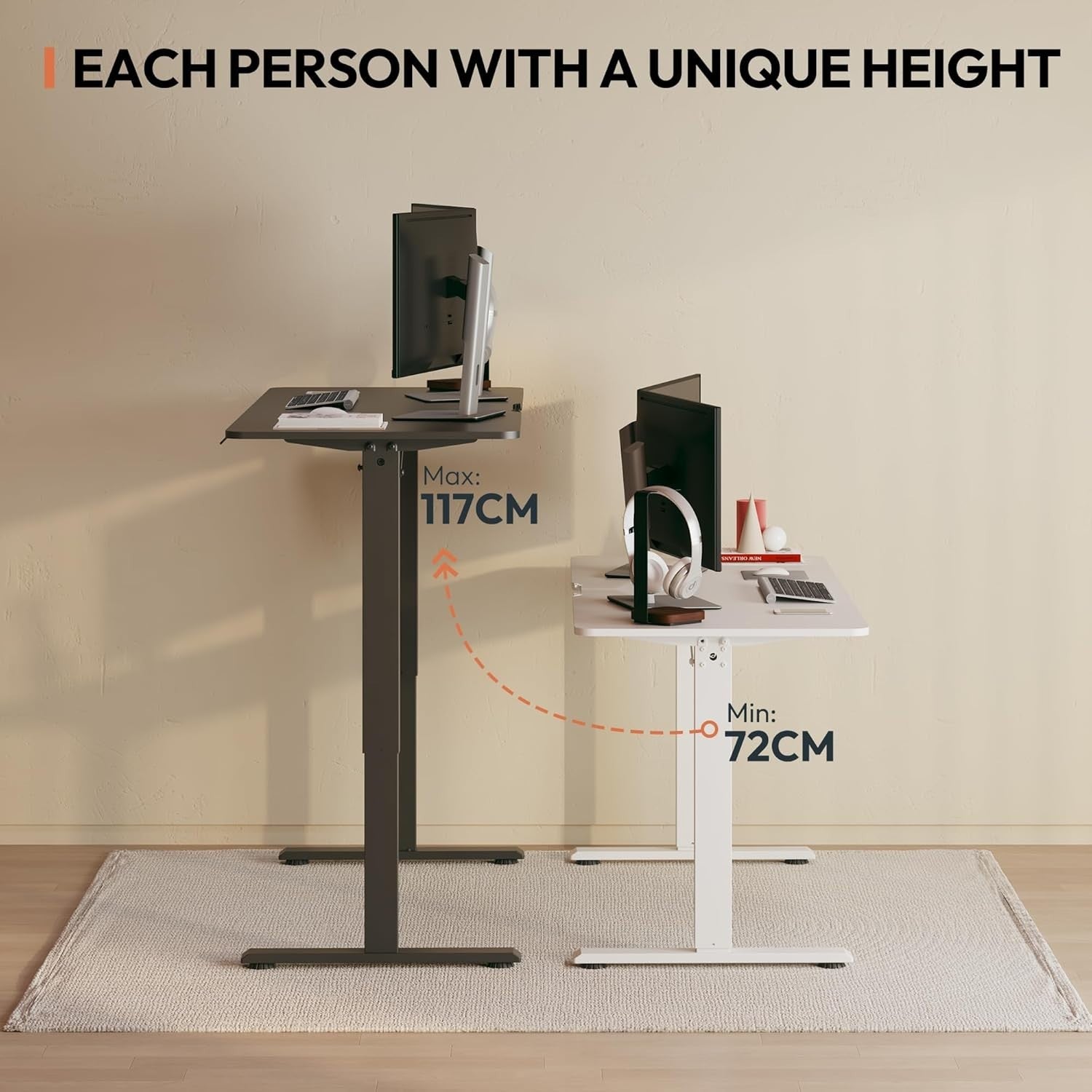 Electric Height Adjustable Standing Desk 110x60cm w/Cup Holder & Hooks