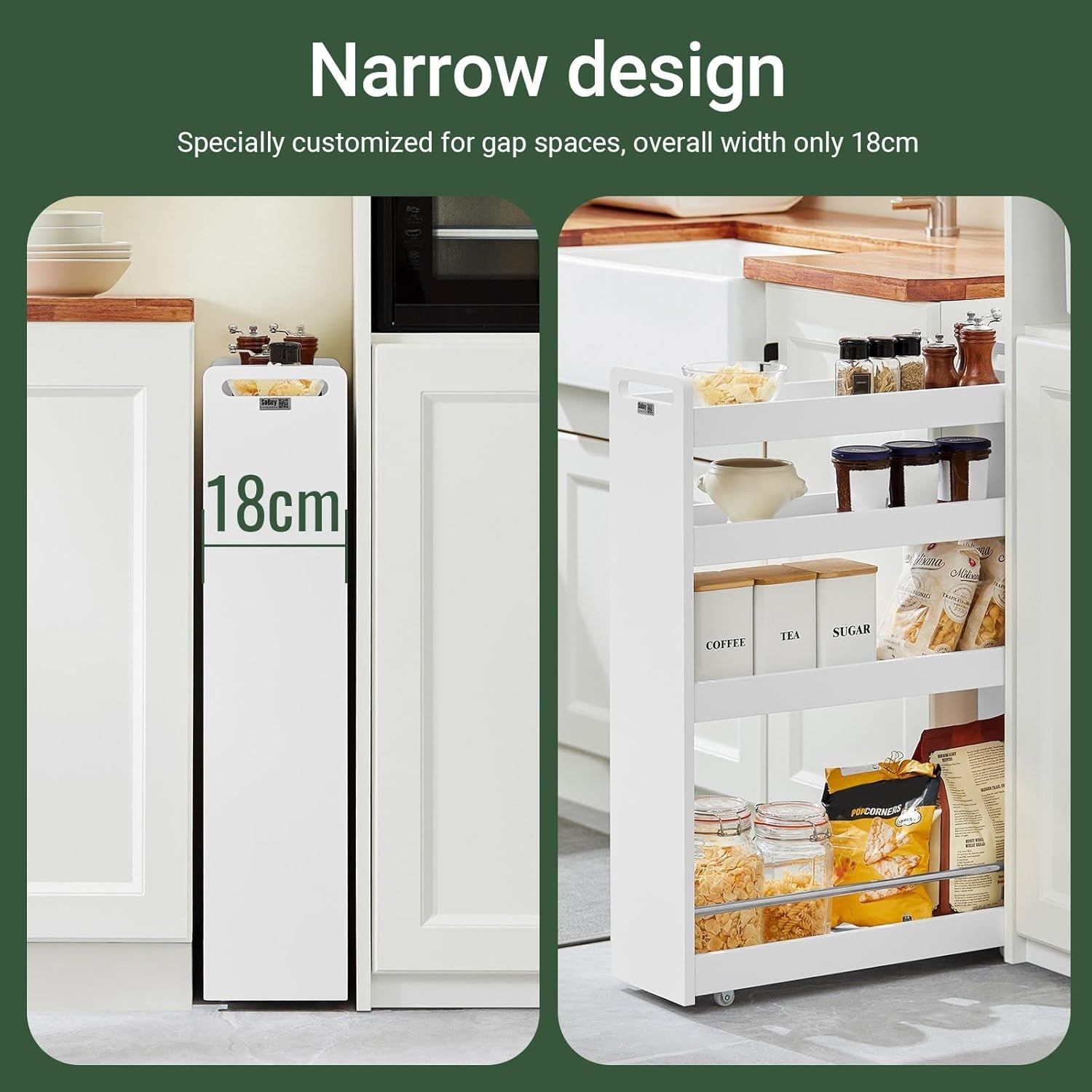 Slim Kitchen Storage Trolley 4 Tier Narrow Rolling Cart Bathroom Wheels