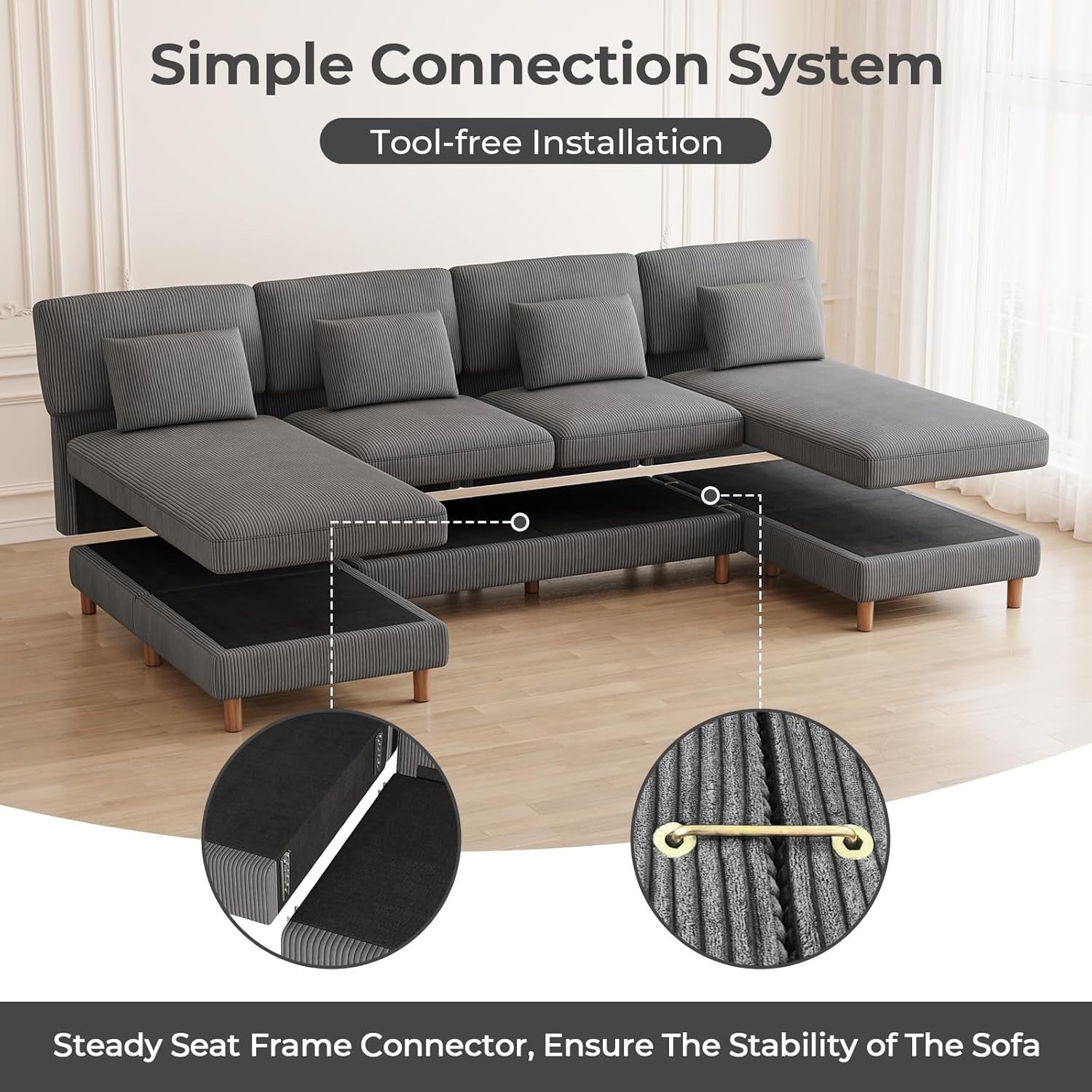 5 Seater U-Shaped Sofa Grey Corduroy with Double Chaise & Washable Covers