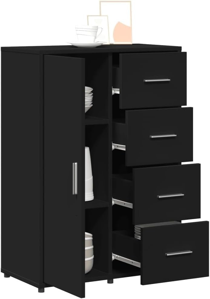Modern Black Engineered Wood Sideboard Cabinet with Shelves & Storage