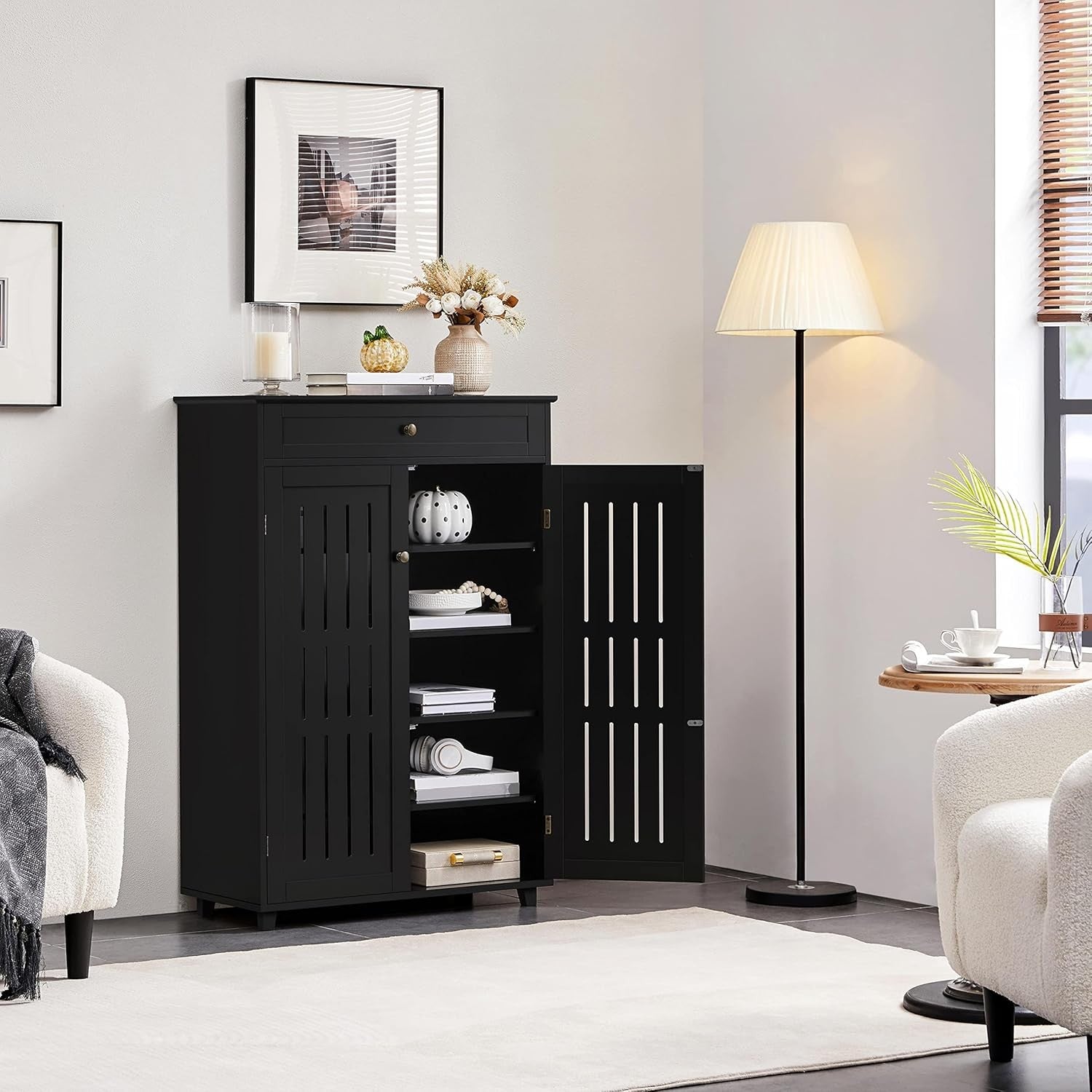 Black 5-Tier Wooden Shoe Cabinet with Drawer & Adjustable Shelves Storage