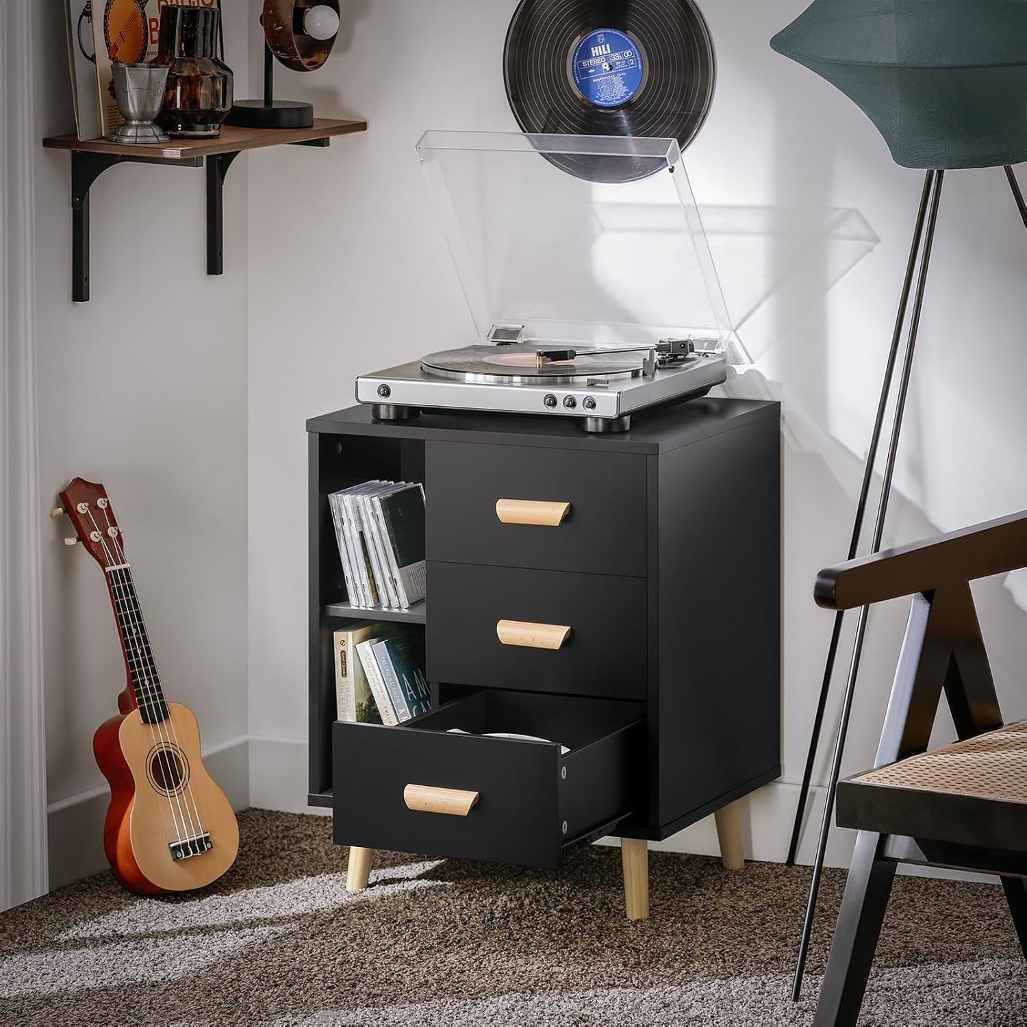 Modern Black 3 Drawer Bedside Table with Shelves – Wooden Storage Cabinet