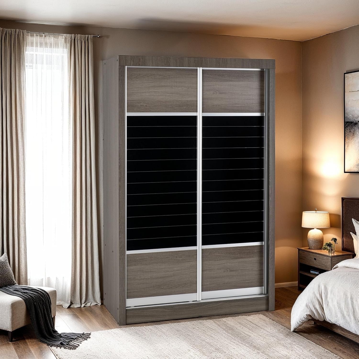 Modern Black Wood Sliding Wardrobe 2 Door Mirror Closet Storage Unit