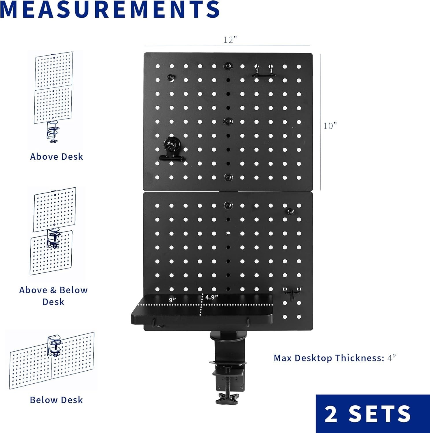 Clamp-On Steel Desk Pegboard 61×51cm Magnetic Organizer Panel Black
