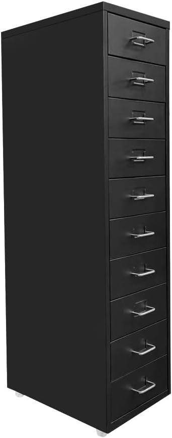 Black Metal 10 Drawer Mobile Filing Cabinet Tall Office Storage on Wheels