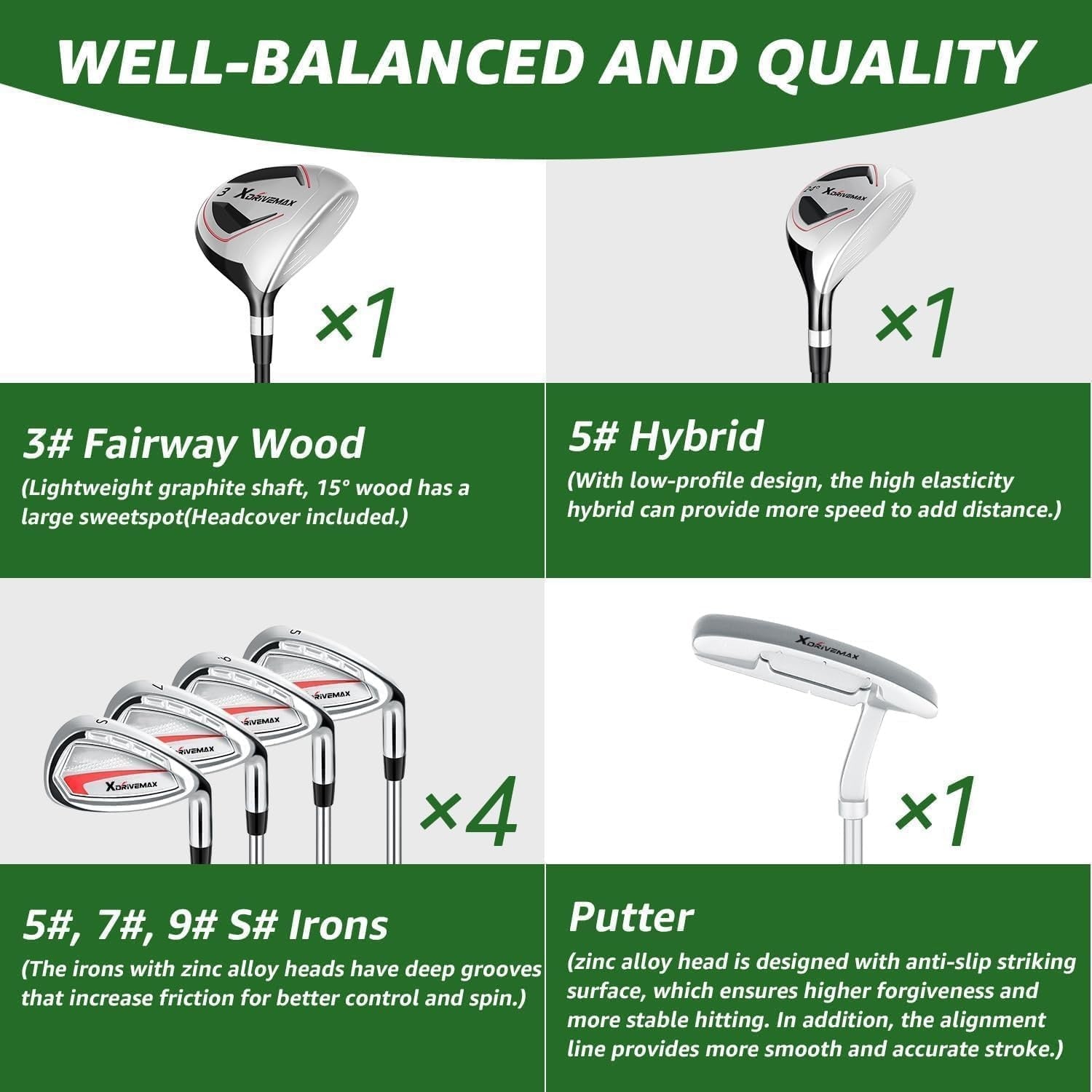 8 Piece Golf Club Set Left Hand Stand Bag Fairway Hybrid Irons Putter