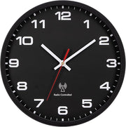 25cm Radio Controlled Wall Clock Silent Easy Read Modern Black Quartz Battery