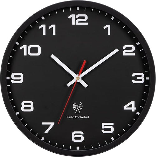25cm Radio Controlled Wall Clock Silent Easy Read Modern Black Quartz Battery