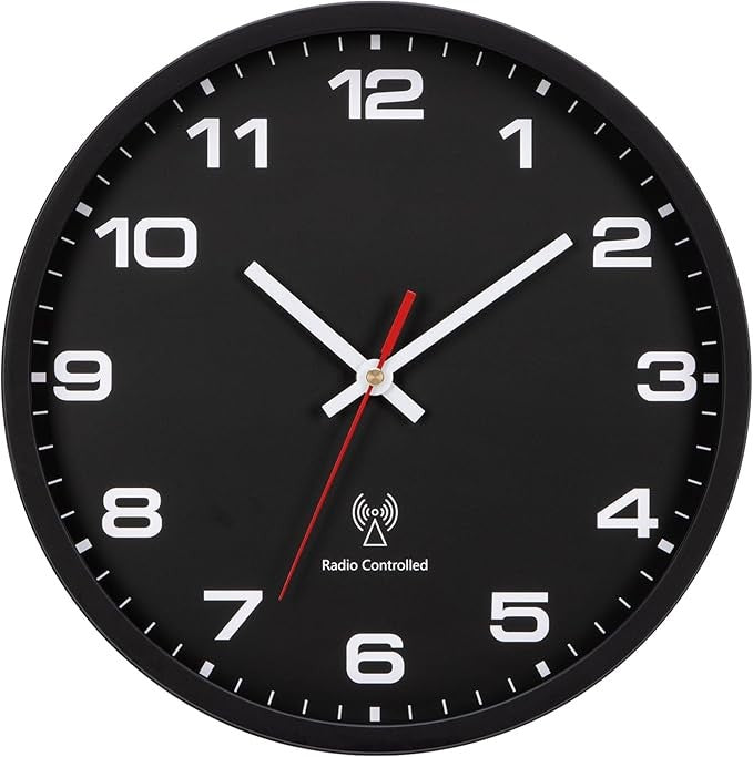 25cm Radio Controlled Wall Clock Silent Easy Read Modern Black Quartz Battery