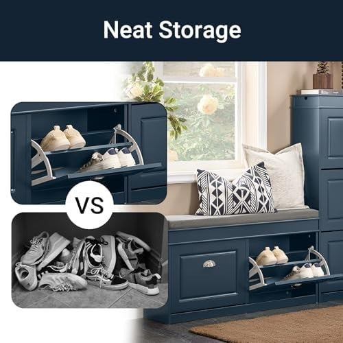 Blue Shoe Storage Bench with Seat & 2 Flip Drawers – Modern Hallway Organizer