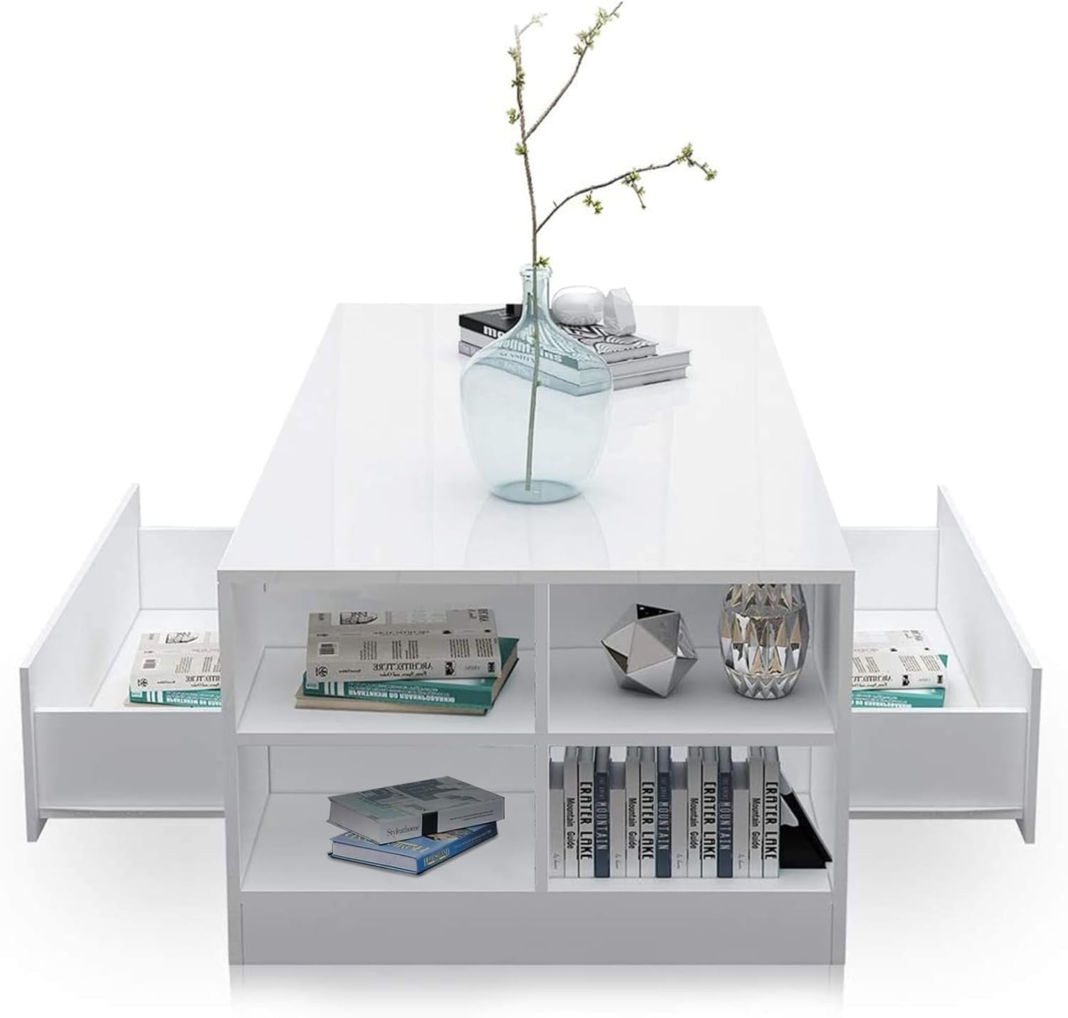 White High Gloss Coffee Table with LED RGB Lights & Storage 95x55x37cm