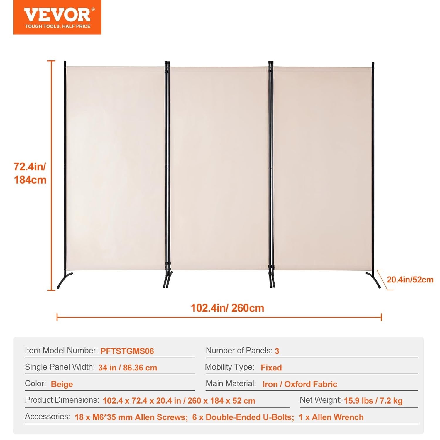 3 Panel Beige Folding Room Divider Privacy Screen Partition 260x184cm