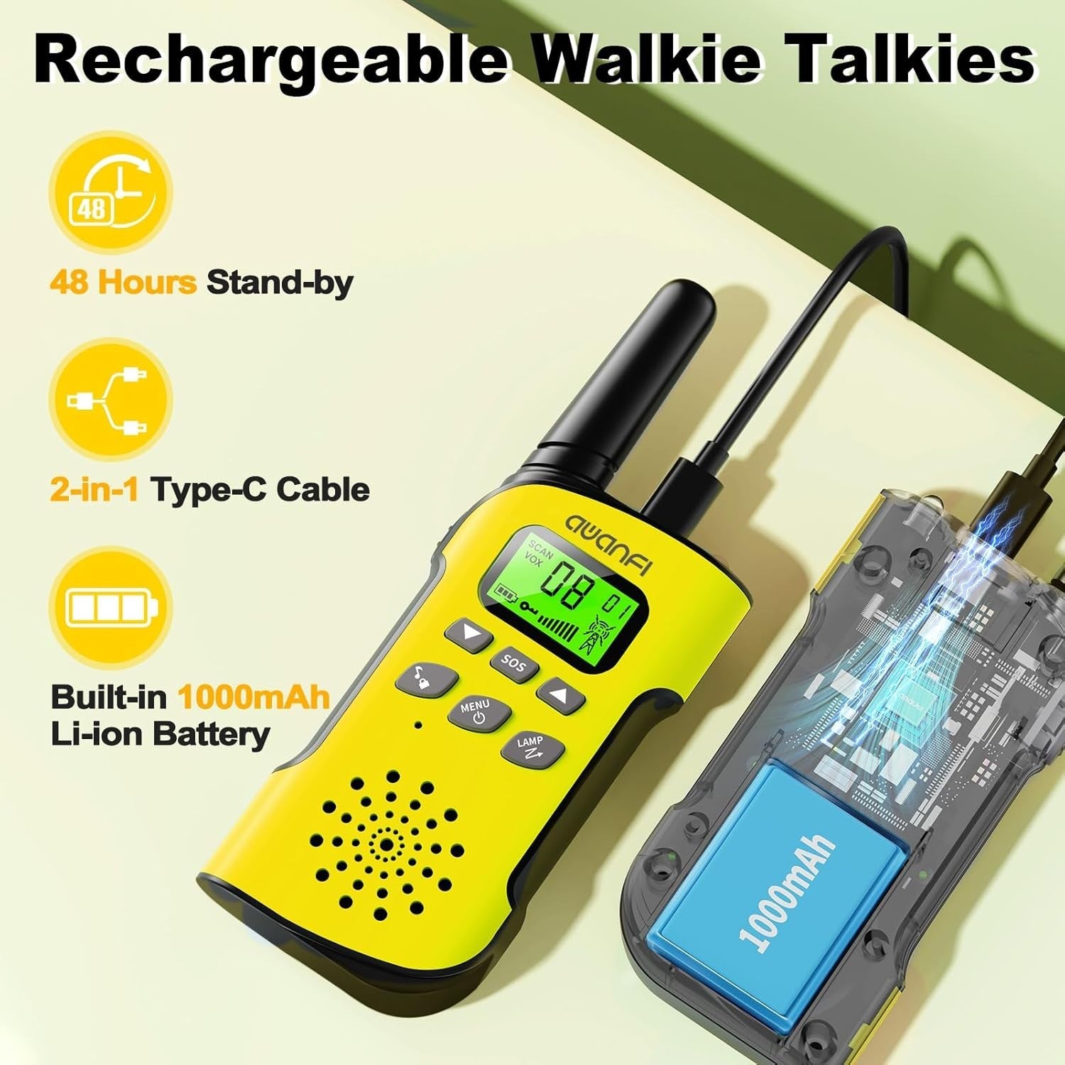Rechargeable Kids Walkie Talkies 2 Pack VOX USB-C Long Range Toy Radios