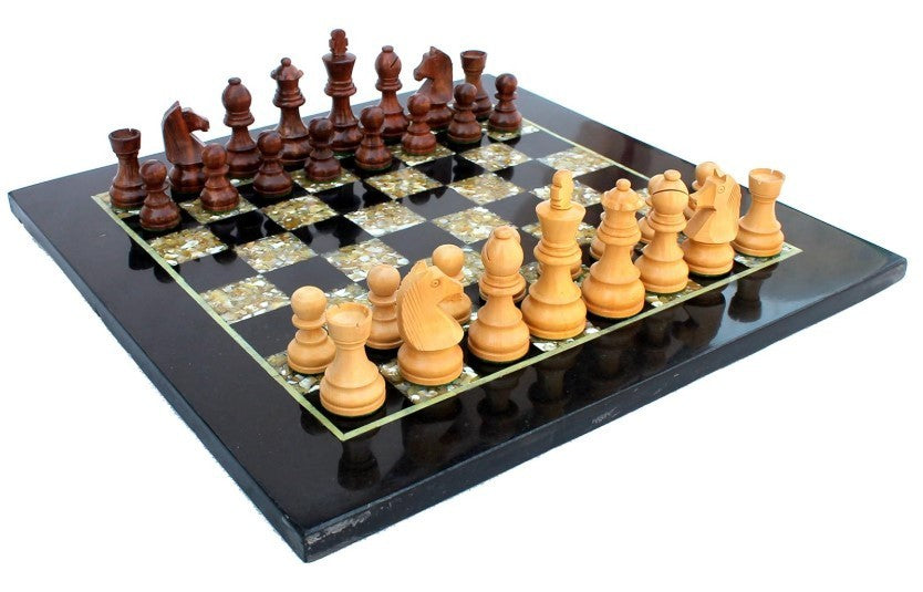 Luxury 15" Black Marble Chess Set – Inlaid Board + Mother of Pearl & Wood Pieces