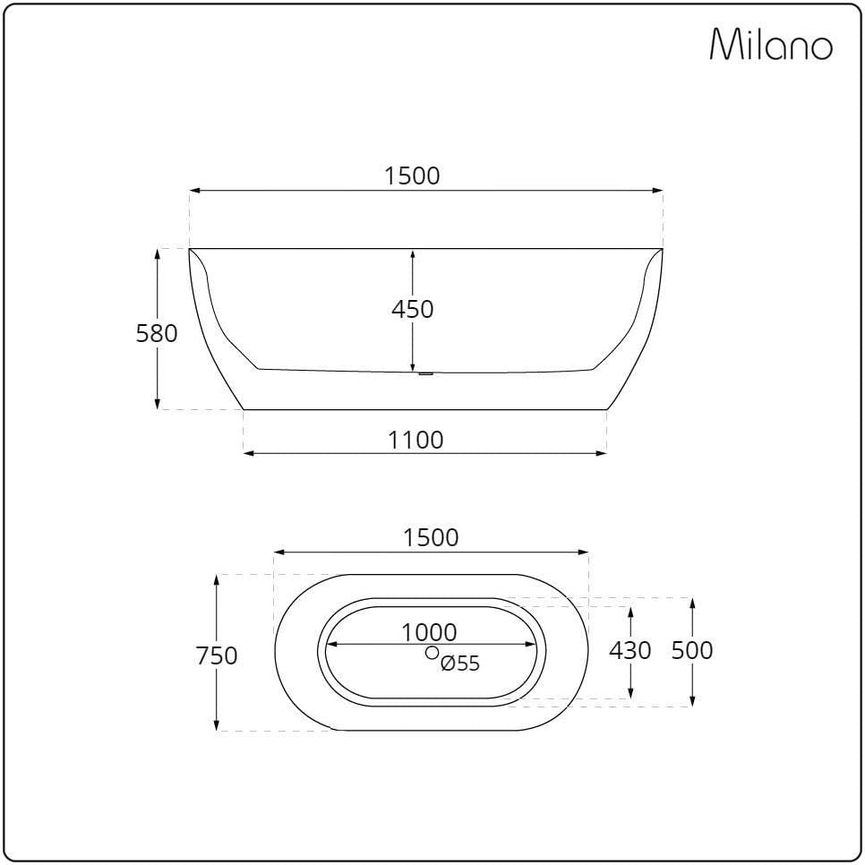 White Double Ended Freestanding Bath 1500x750mm Black Overflow