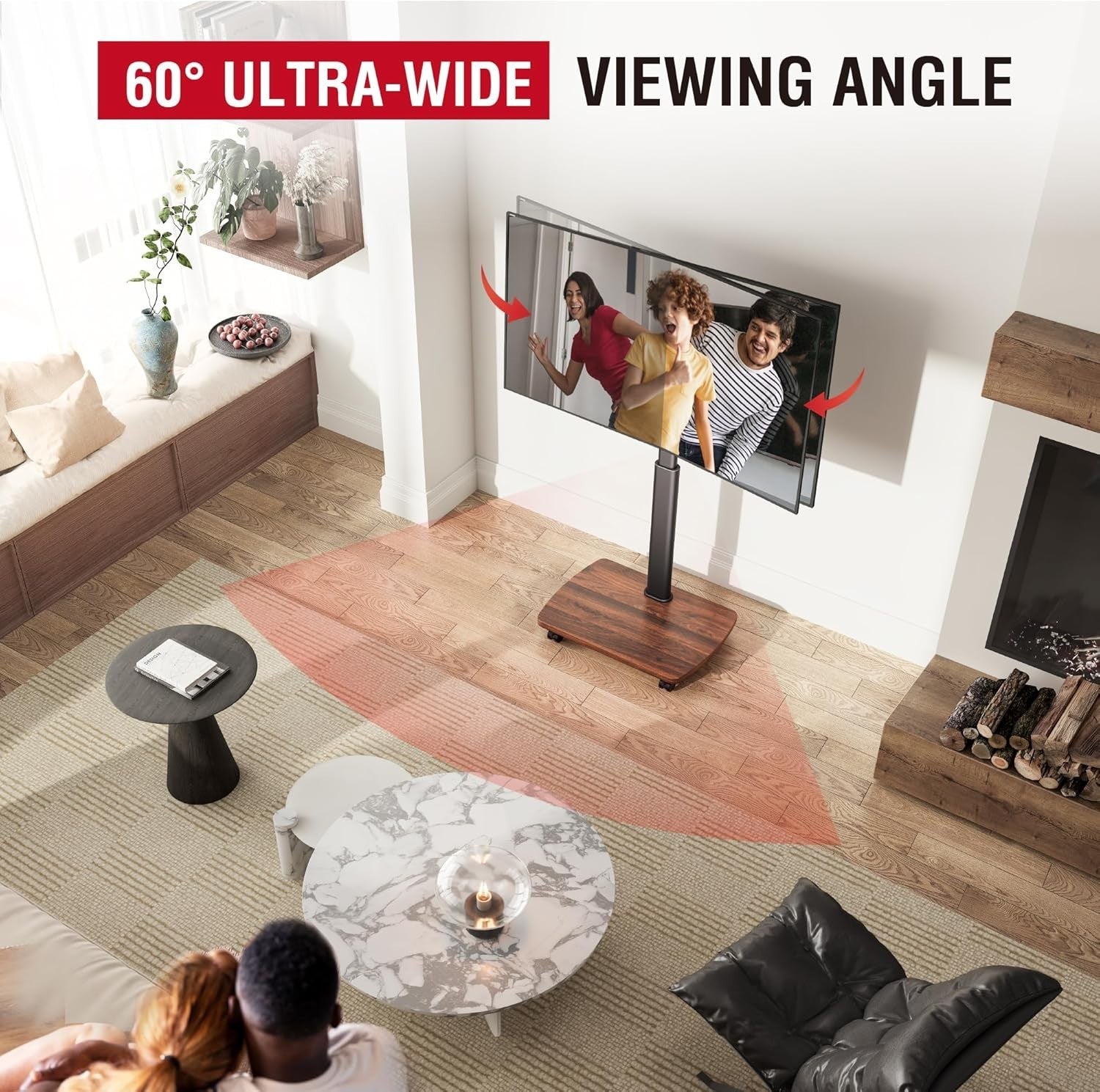 Mobile TV Stand with Wheels | Adjustable Height 32-65” TVs | Swivel Tilt
