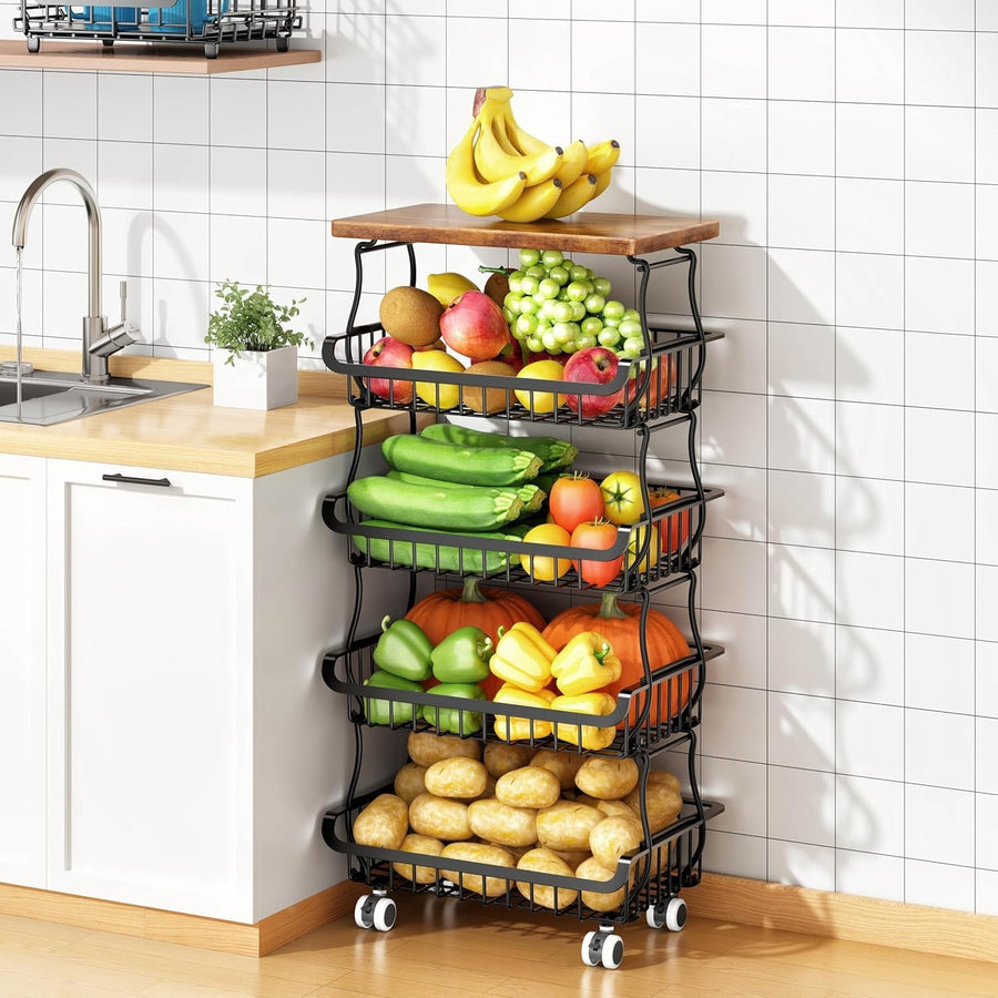 5 Tier Rolling Fruit Vegetable Storage Basket Cart Metal Pantry Organizer