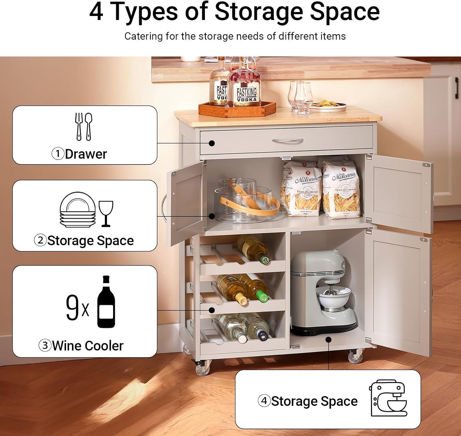 67cm Kitchen Island Cart Wine Rack on Wheels