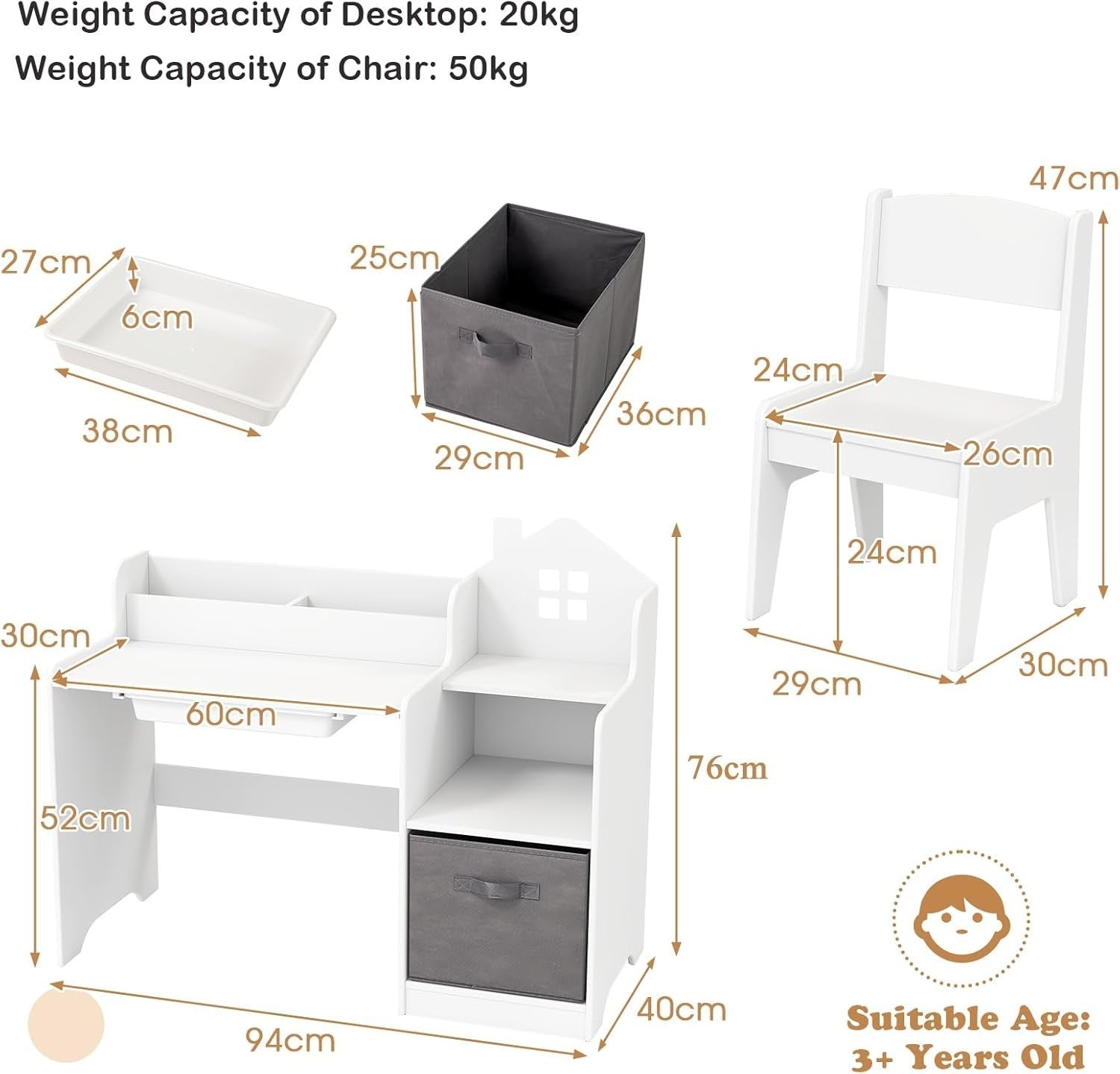 Kids Wooden Desk and Chair Set w/ Drawer Shelves Storage Bin Study Table White