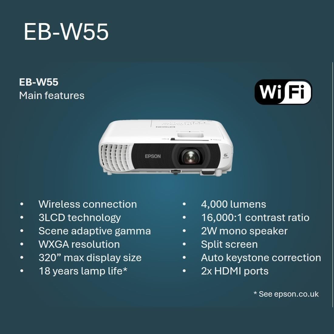 WXGA 4000 ANSI Projector 3LCD 320in Display Dual HDMI WiFi Speaker
