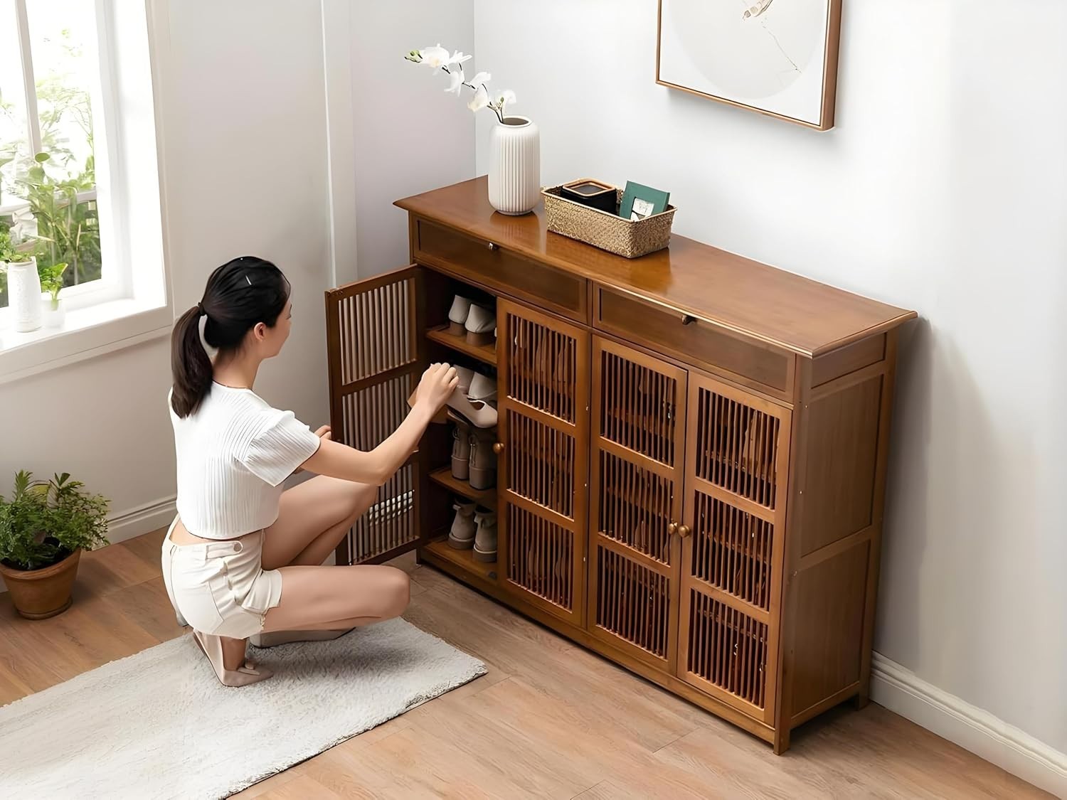 Large Bamboo Shoe Cabinet with Drawer & Ventilated Door, Holds 32 Pairs