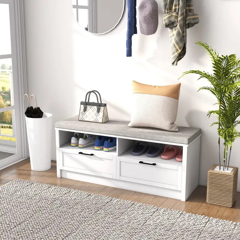 Shoe Storage Bench with Cushion Seat & Drawers – White Hallway Unit