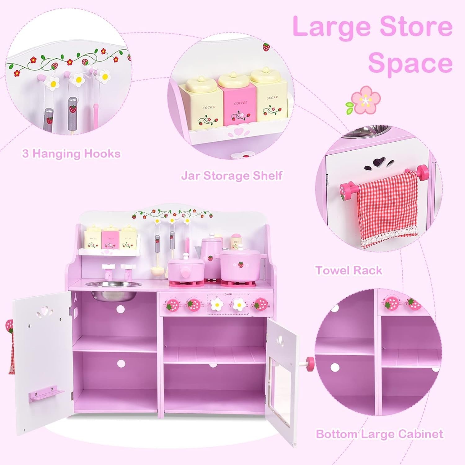 Kids Wooden Play Kitchen Pink Pretend Cooking Set w/ 13 Accessories