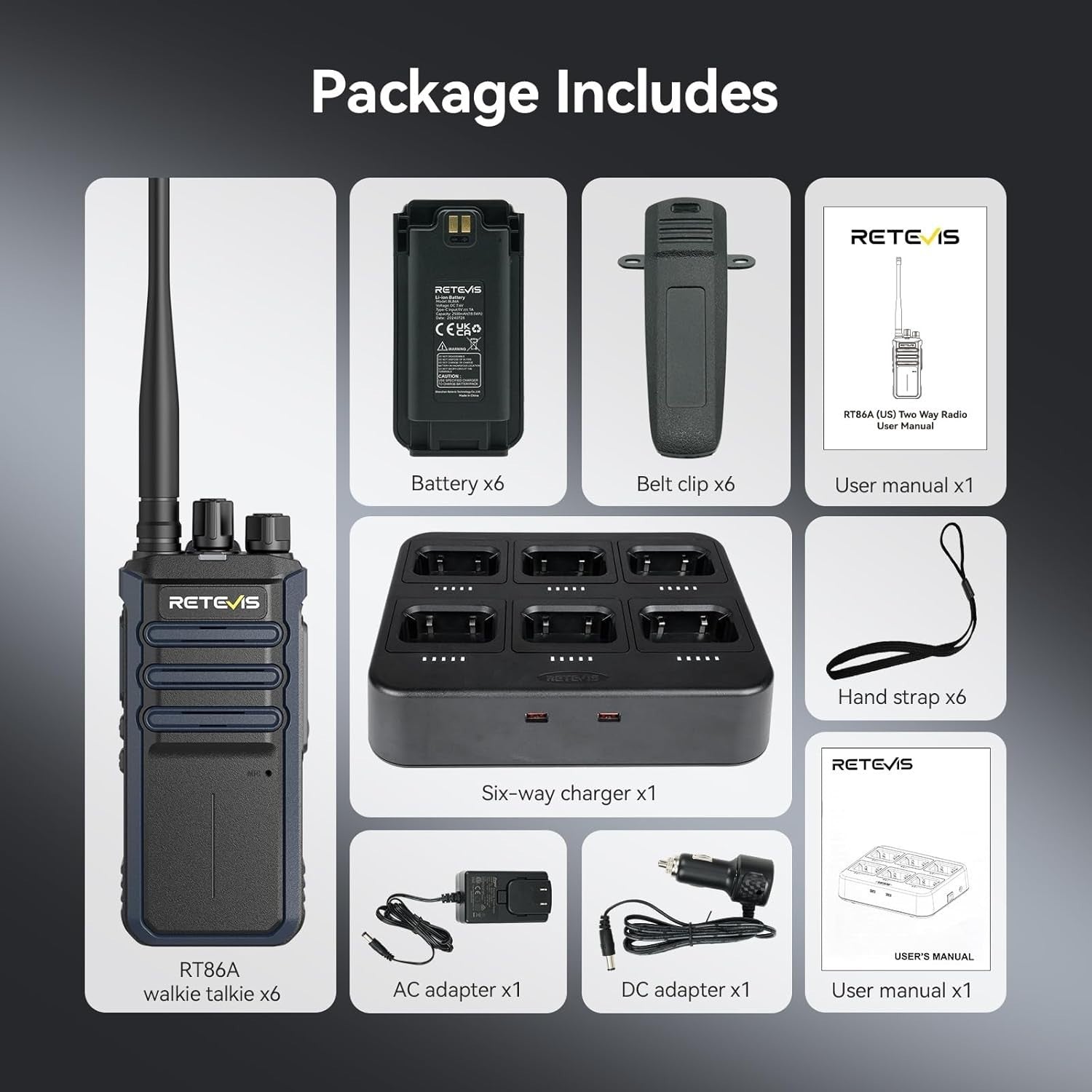 Walkie Talkies 6 Pack Long Range Group Call 2500mAh 6-Way Charger