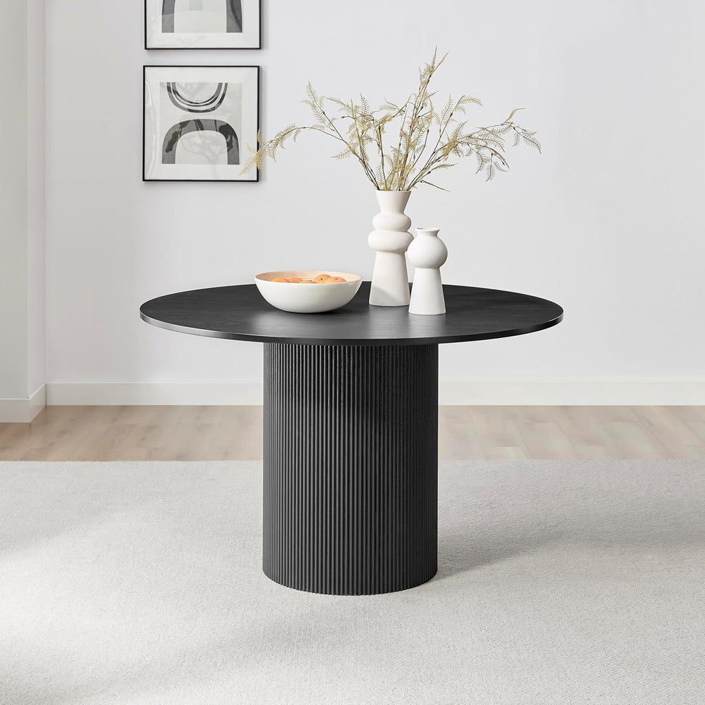 Black Round Pedestal Dining Table 120cm Scandi Modern Wood 4-6 Seat