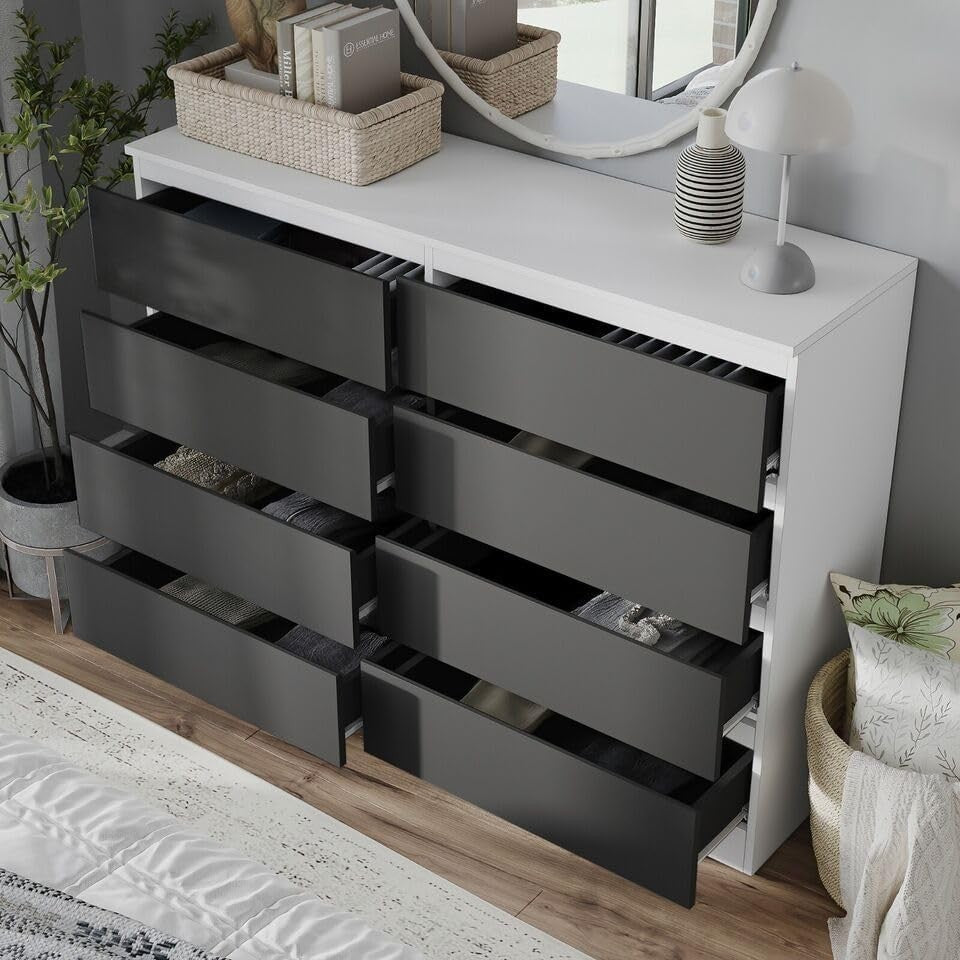 Modern 8 Drawer Chest Black White Storage Unit for Bedroom Office Hallway