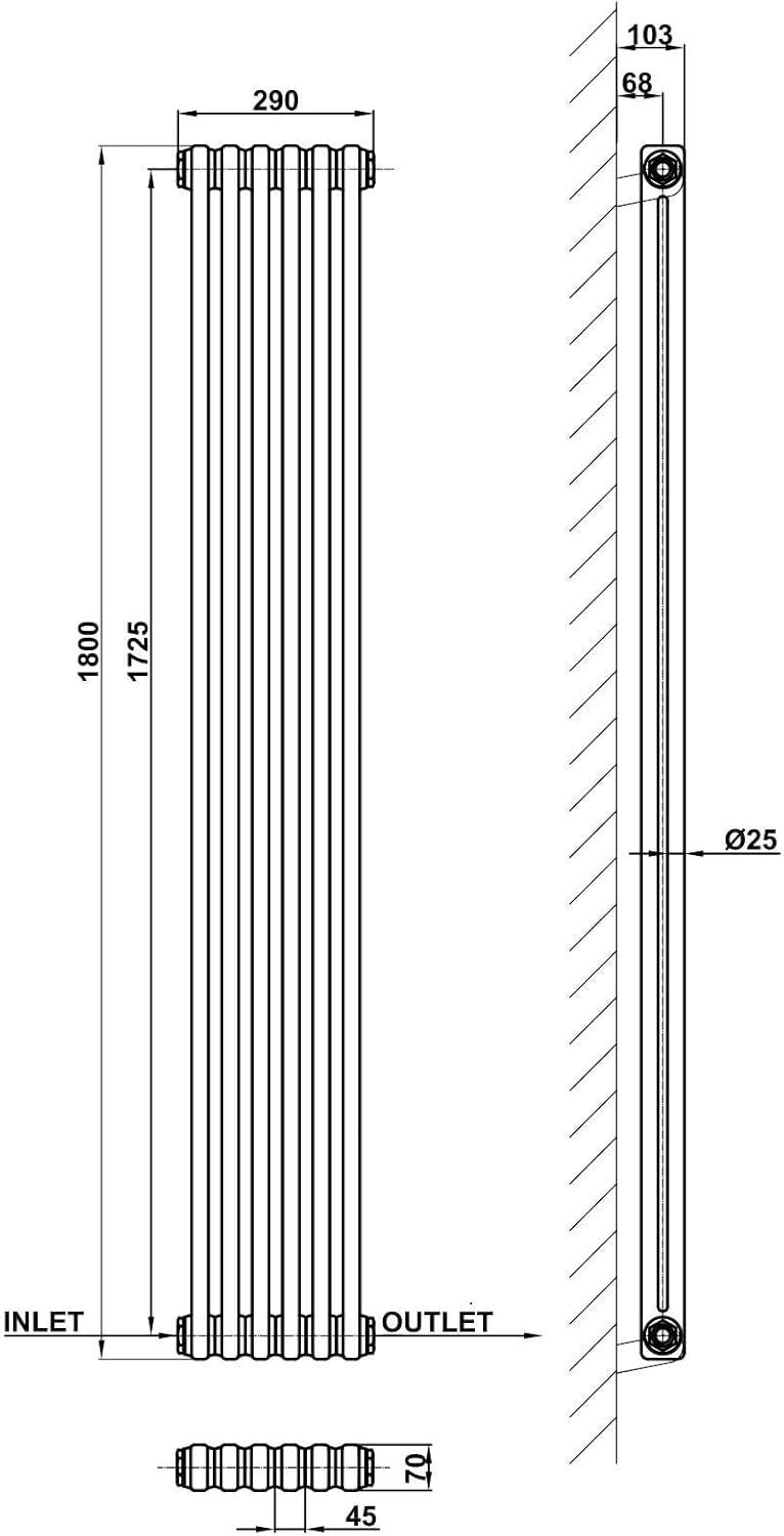 White 2 Column Vertical Radiator 1800x290mm Modern Cast Iron