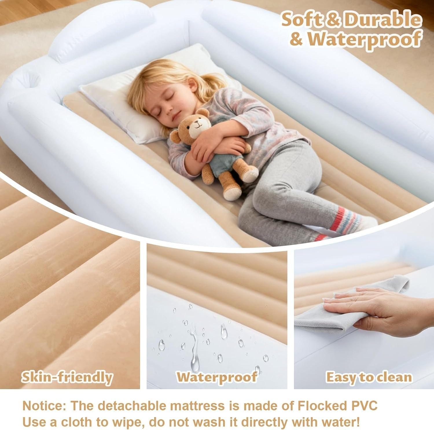 Inflatable Toddler Travel Bed with 4-Sided Safety Bumpers, 63" Portable