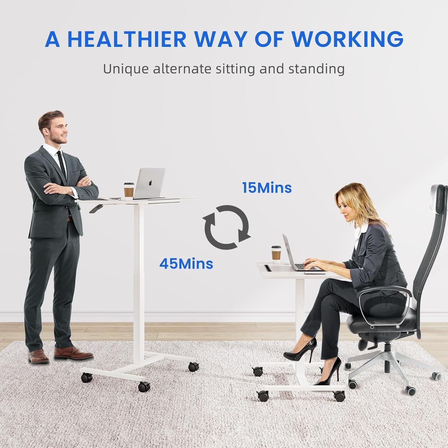 Mobile Standing Desk Height Adjustable Rolling Laptop Table Sit Stand White